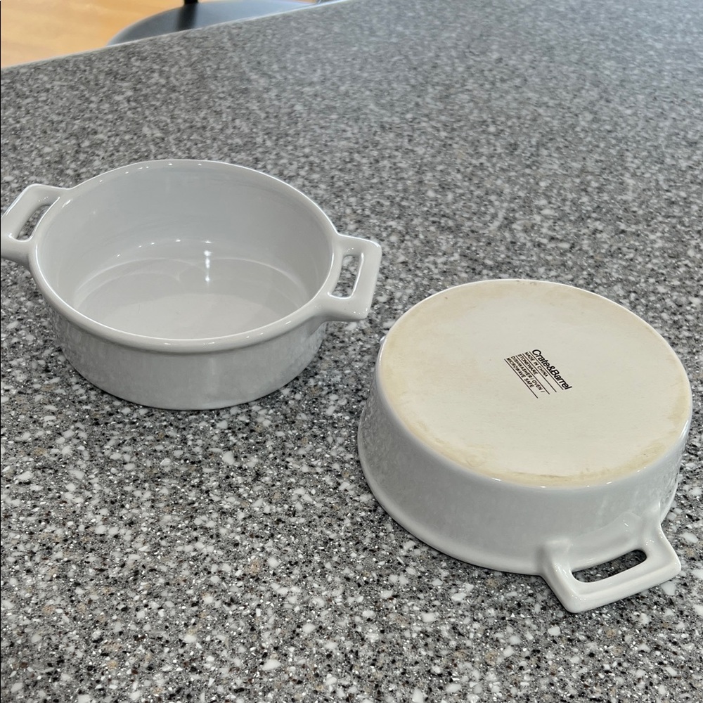 Crate&Barrel White Ceramic Round Baking Dishes with Handles